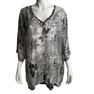 NWT Jessica Taylor Floral Beaded Beach Cover-Up Womens Plus 2X Semi-Sheer Beachy